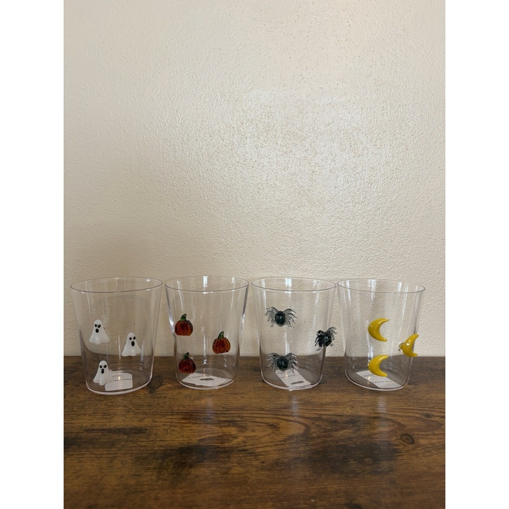 Anthropologie Halloween Icon Juice Glasses Set 4 Ghost Pumpkin Spider Moon